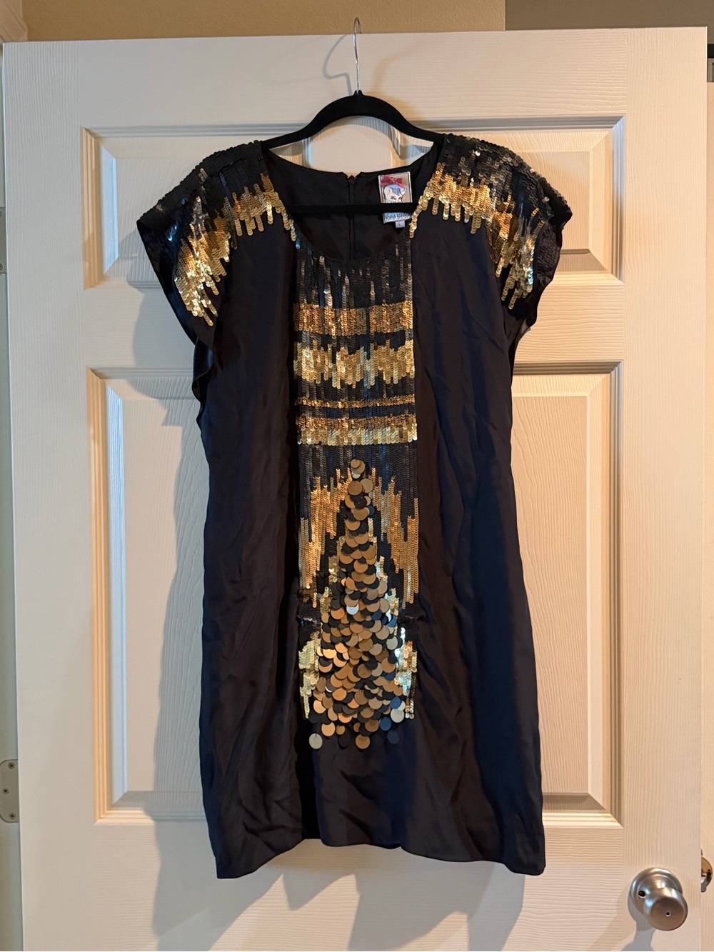 NWT Yoana Baraschi Black Silky Dress with black and white sequins. Size L